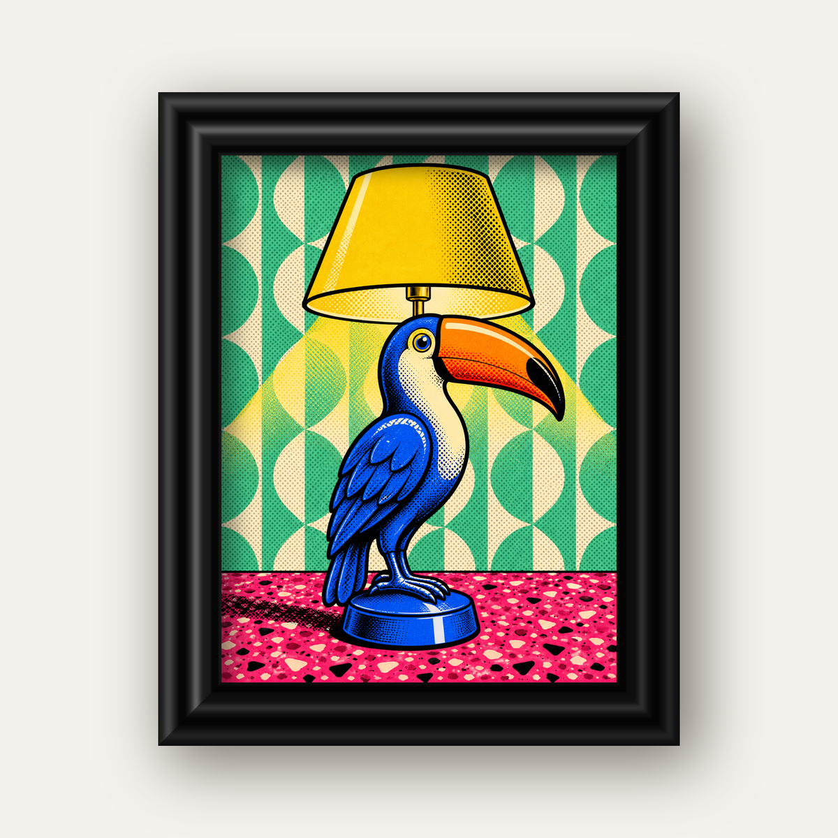 Tukan Şeklinde Pop-Art Masa Lambası Poster – Canlı Vektörel Tasarım — siyah galeri çerçeveli