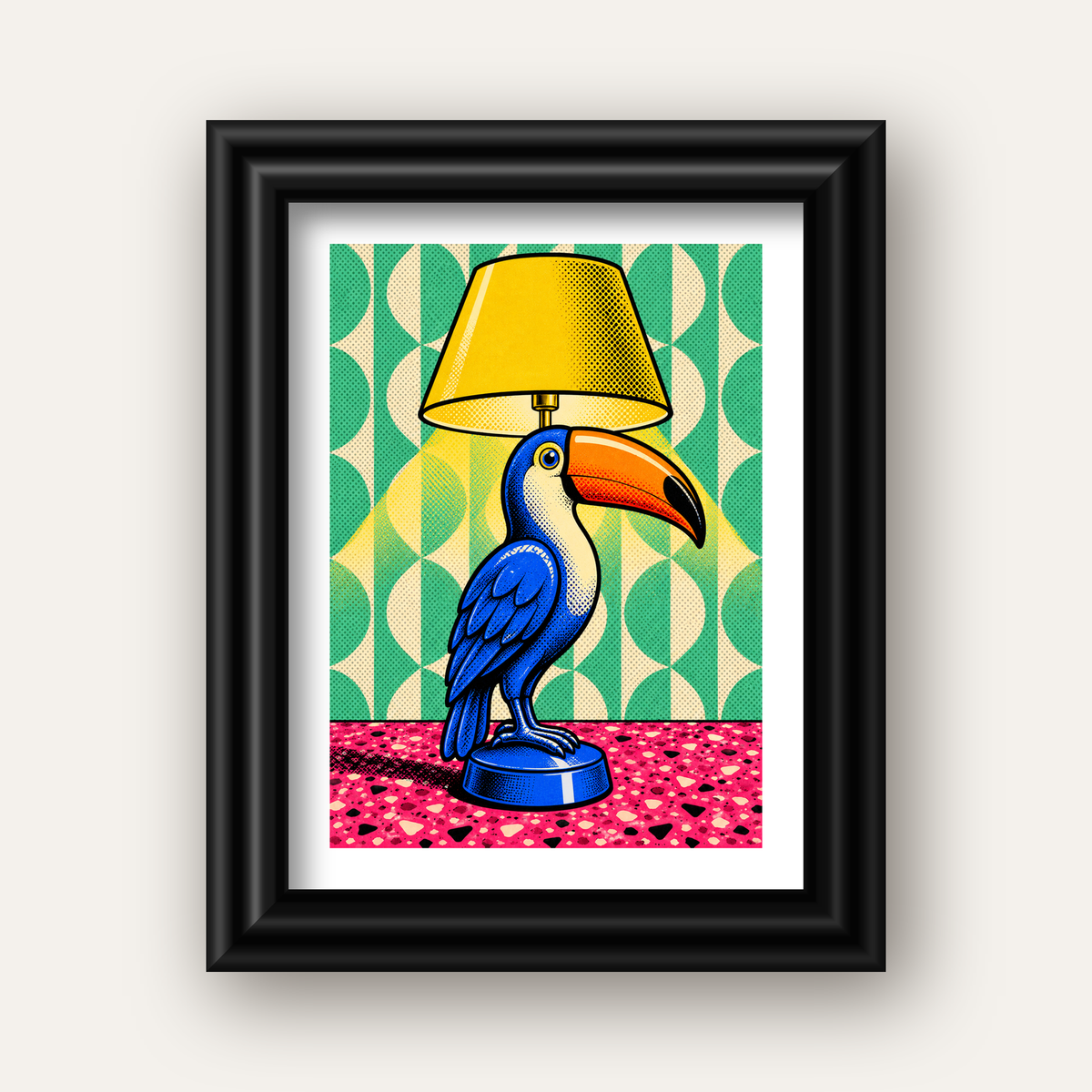 Tukan Şeklinde Pop-Art Masa Lambası Poster – Canlı Vektörel Tasarım — siyah galeri çerçeveli paspartulu