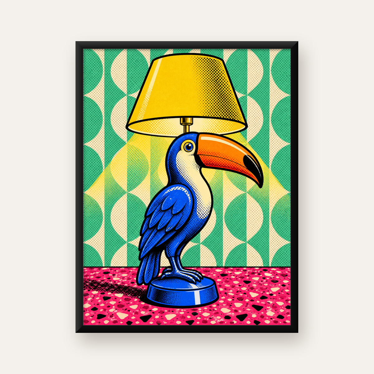 Tukan Şeklinde Pop-Art Masa Lambası Poster – Canlı Vektörel Tasarım — Dikey baskı, düz siyah çerçeveli duvar posteri