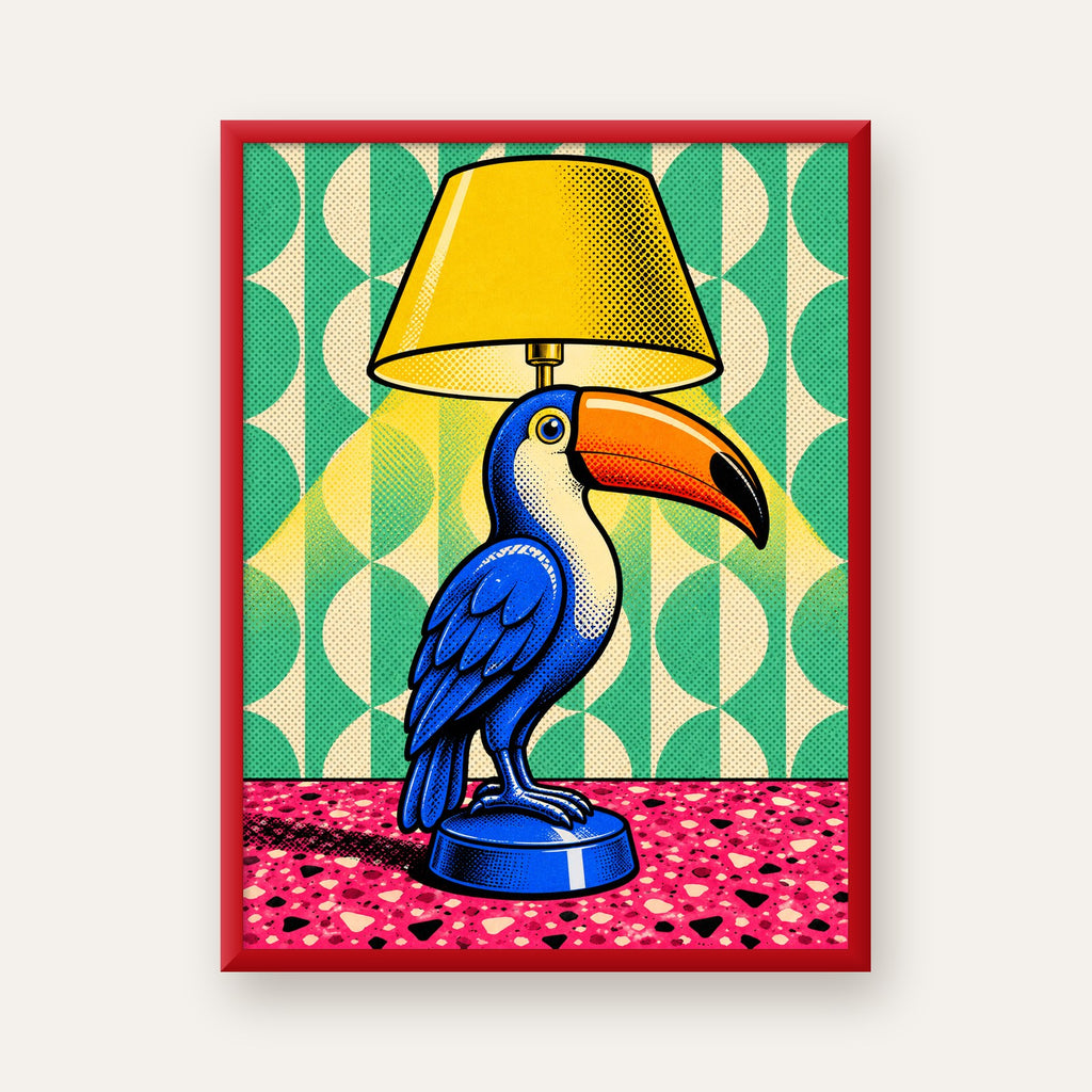 Tukan Şeklinde Pop-Art Masa Lambası Poster – Canlı Vektörel Tasarım — kırmızı çerçeveli