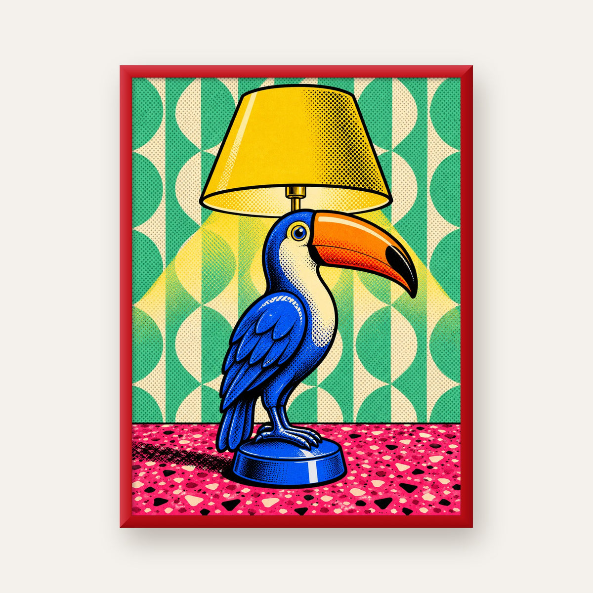 Tukan Şeklinde Pop-Art Masa Lambası Poster – Canlı Vektörel Tasarım — kırmızı çerçeveli