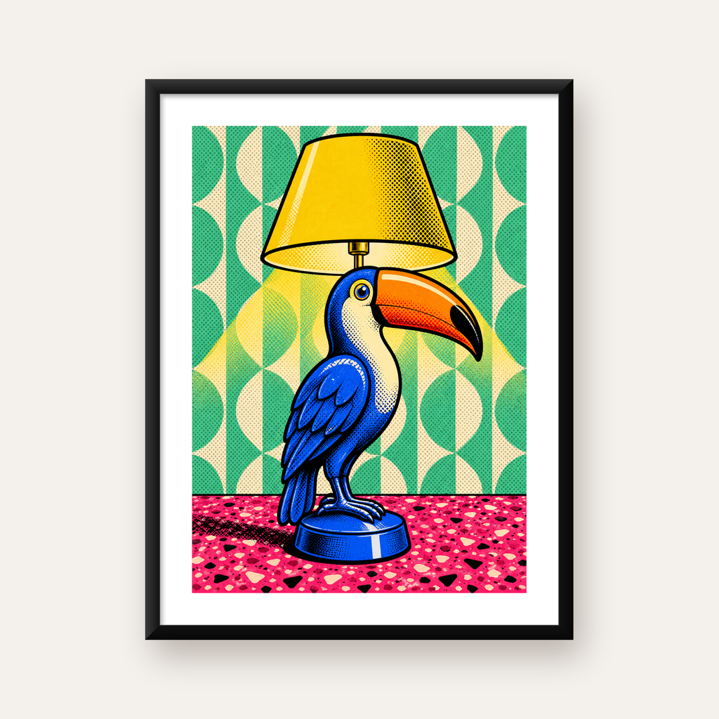 Tukan Şeklinde Pop-Art Masa Lambası Poster – Canlı Vektörel Tasarım — Dikey baskı, beyaz paspartulu
