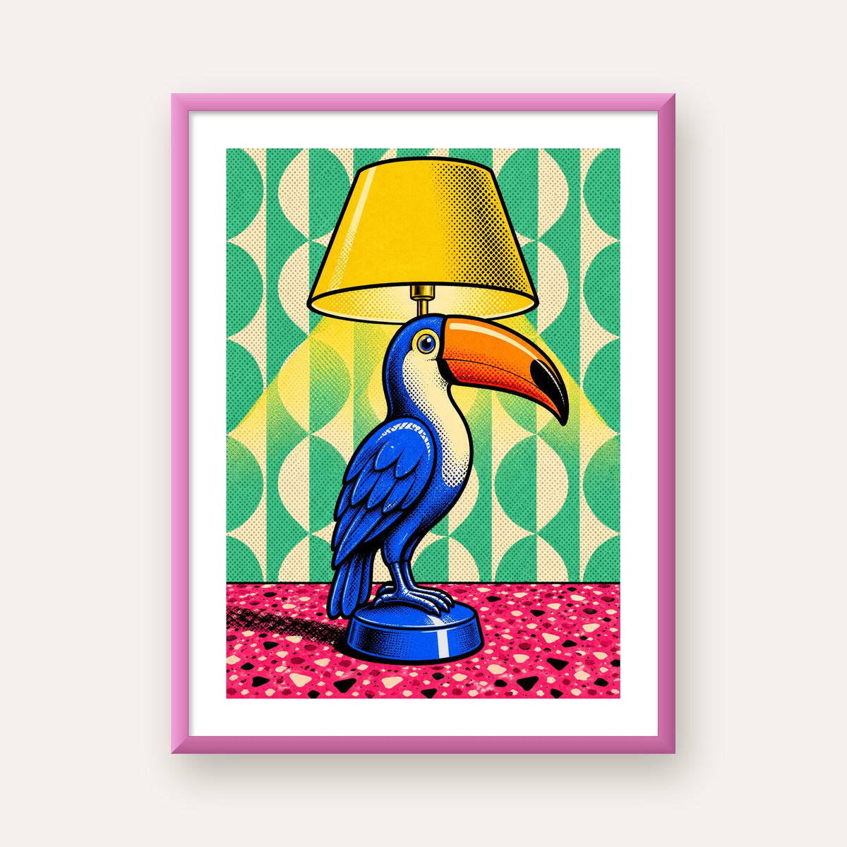 Tukan Şeklinde Pop-Art Masa Lambası Poster – Canlı Vektörel Tasarım — pembe çerçeveli paspartulu