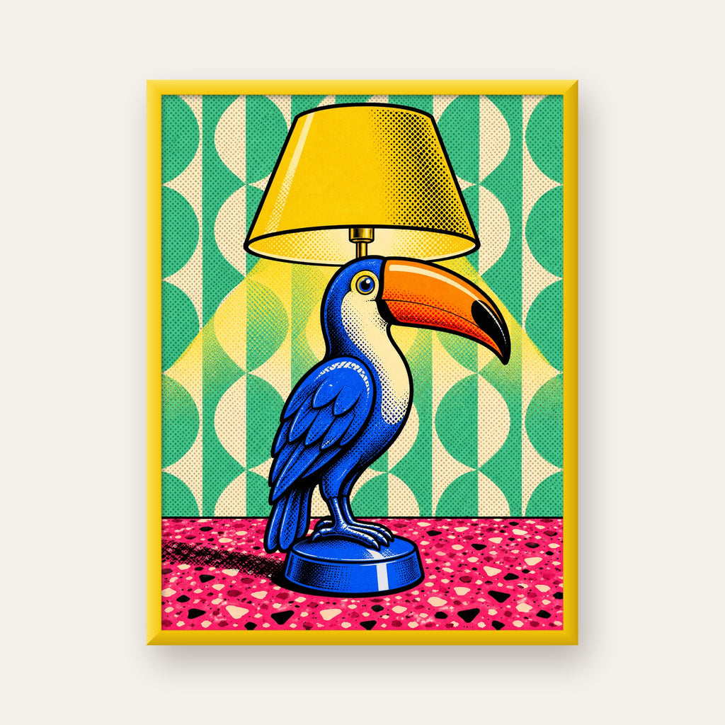 Tukan Şeklinde Pop-Art Masa Lambası Poster – Canlı Vektörel Tasarım — sarı çerçeveli
