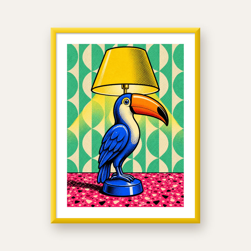 Tukan Şeklinde Pop-Art Masa Lambası Poster – Canlı Vektörel Tasarım — sarı çerçeveli paspartulu