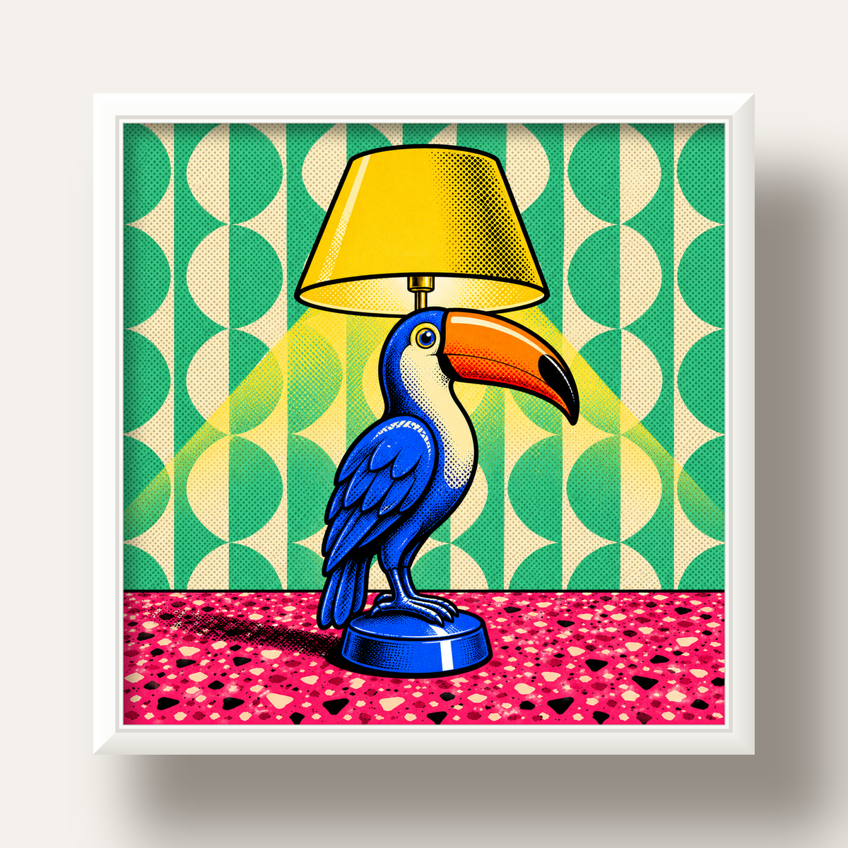 Tukan Şeklinde Pop-Art Masa Lambası Poster – Canlı Vektörel Tasarım — beyaz derin çerçeveli