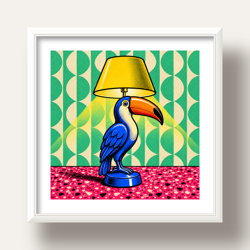 Tukan Şeklinde Pop-Art Masa Lambası Poster – Canlı Vektörel Tasarım — beyaz derin çerçeveli paspartulu