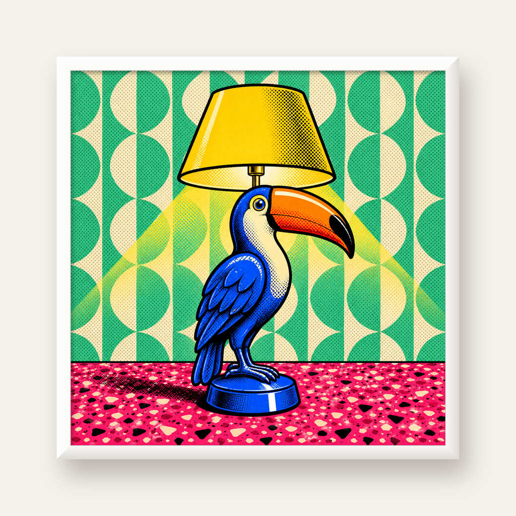 Tukan Şeklinde Pop-Art Masa Lambası Poster – Canlı Vektörel Tasarım — beyaz çerçeveli kare poster