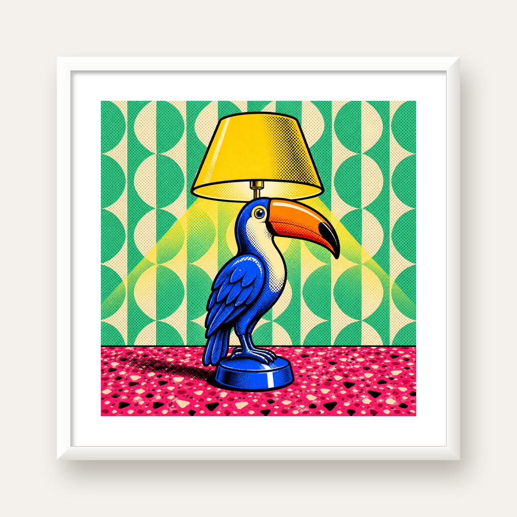 Tukan Şeklinde Pop-Art Masa Lambası Poster – Canlı Vektörel Tasarım — beyaz çerçeveli kare poster