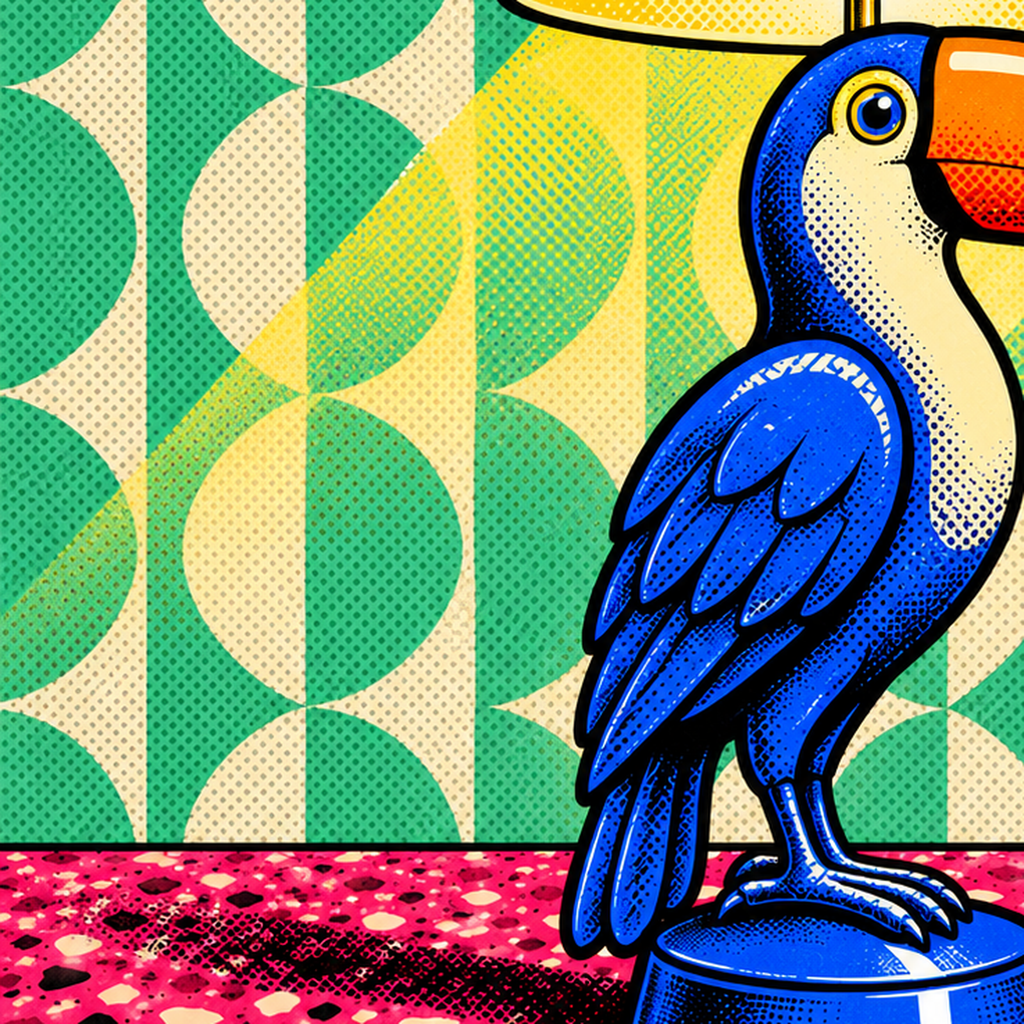 Tukan Şeklinde Pop-Art Masa Lambası Poster – Canlı Vektörel Tasarım — baskının yakın çekimi, kâğıt dokusu ve renk detayı