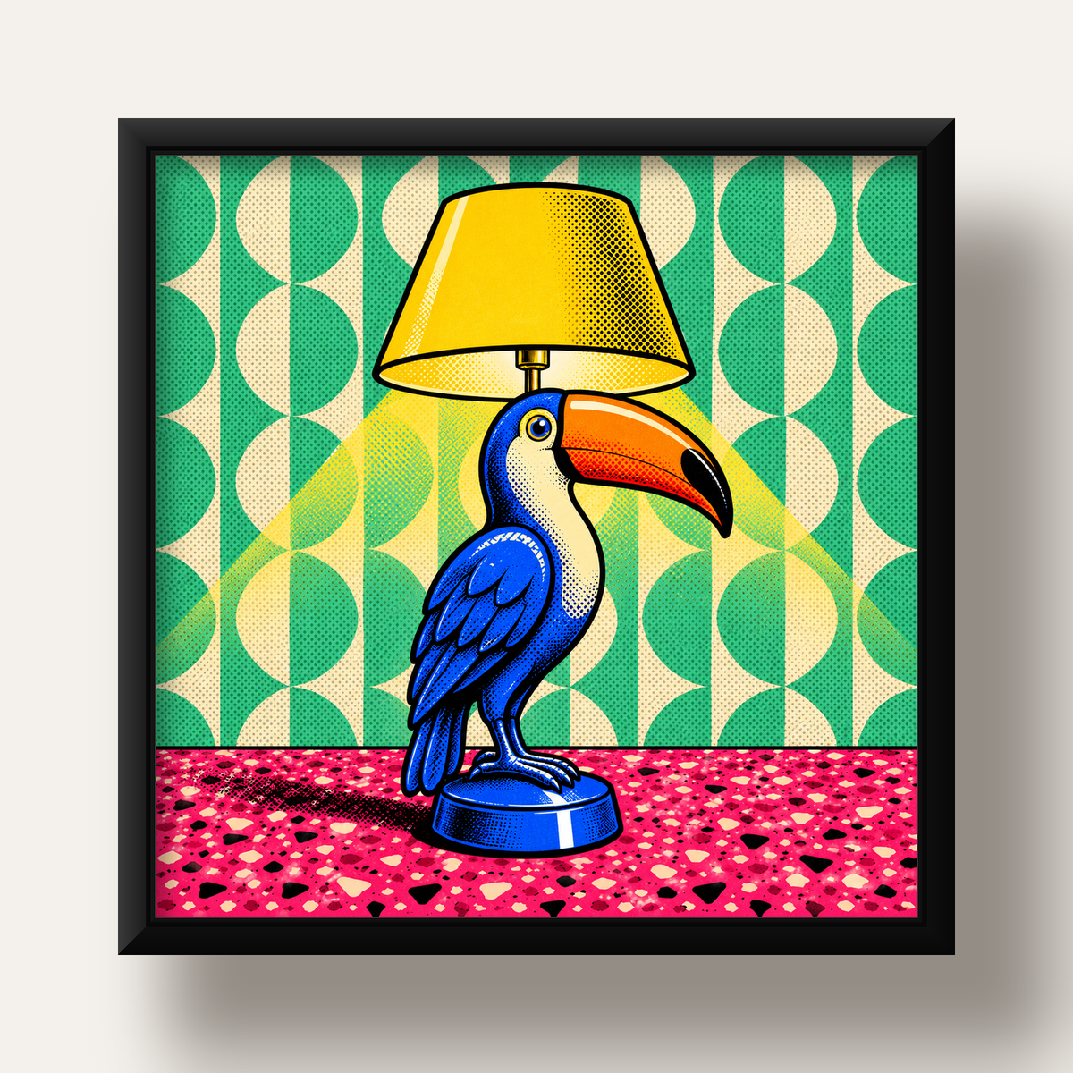 Tukan Şeklinde Pop-Art Masa Lambası Poster – Canlı Vektörel Tasarım — siyah derin çerçeveli