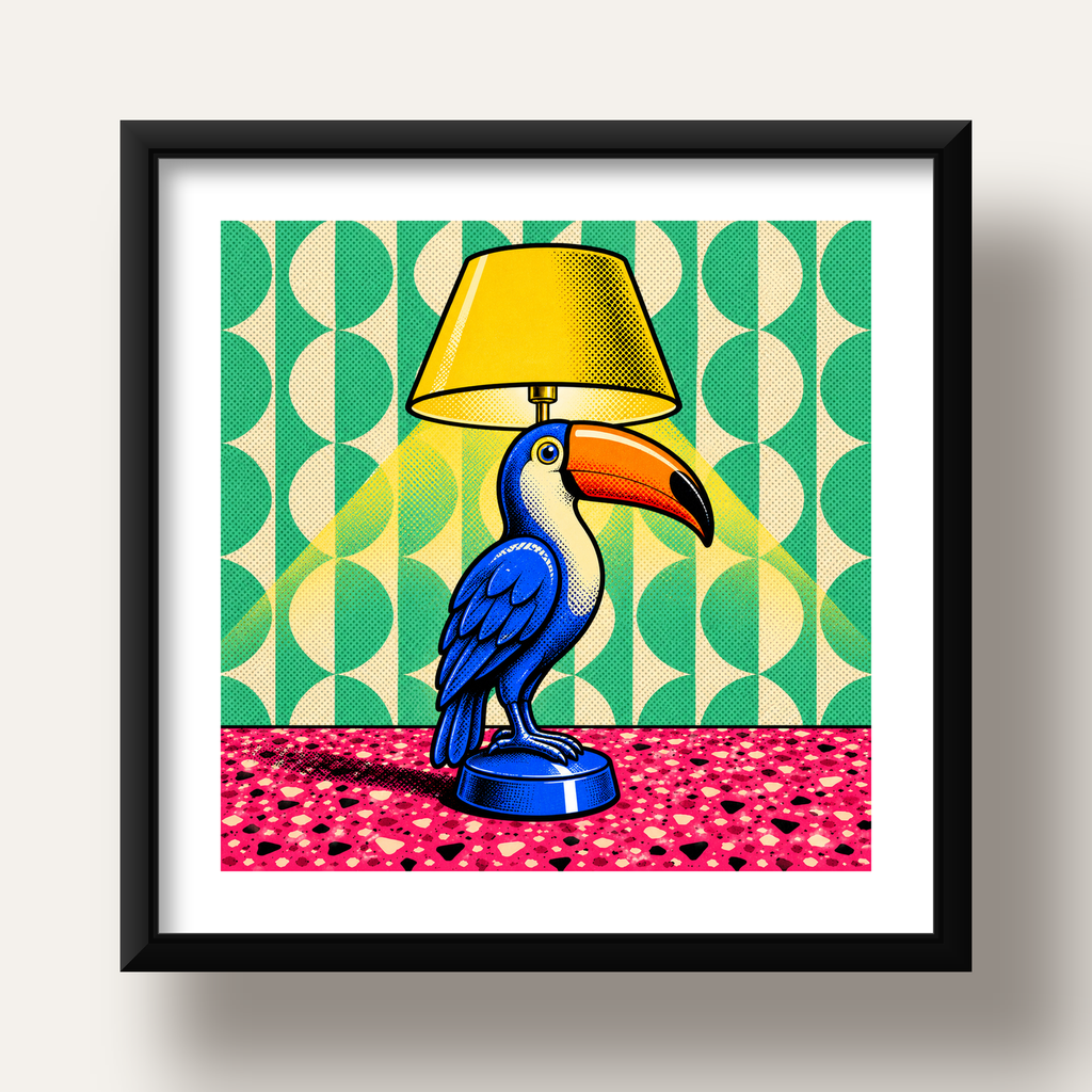 Tukan Şeklinde Pop-Art Masa Lambası Poster – Canlı Vektörel Tasarım — siyah derin çerçeveli paspartulu