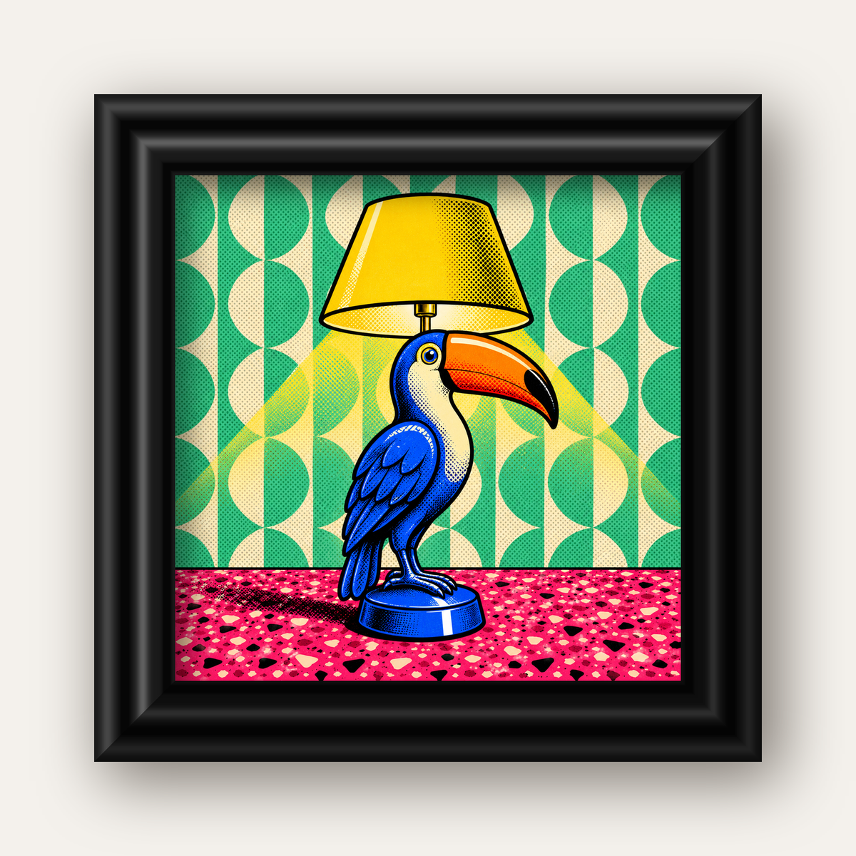 Tukan Şeklinde Pop-Art Masa Lambası Poster – Canlı Vektörel Tasarım — siyah galeri çerçeveli