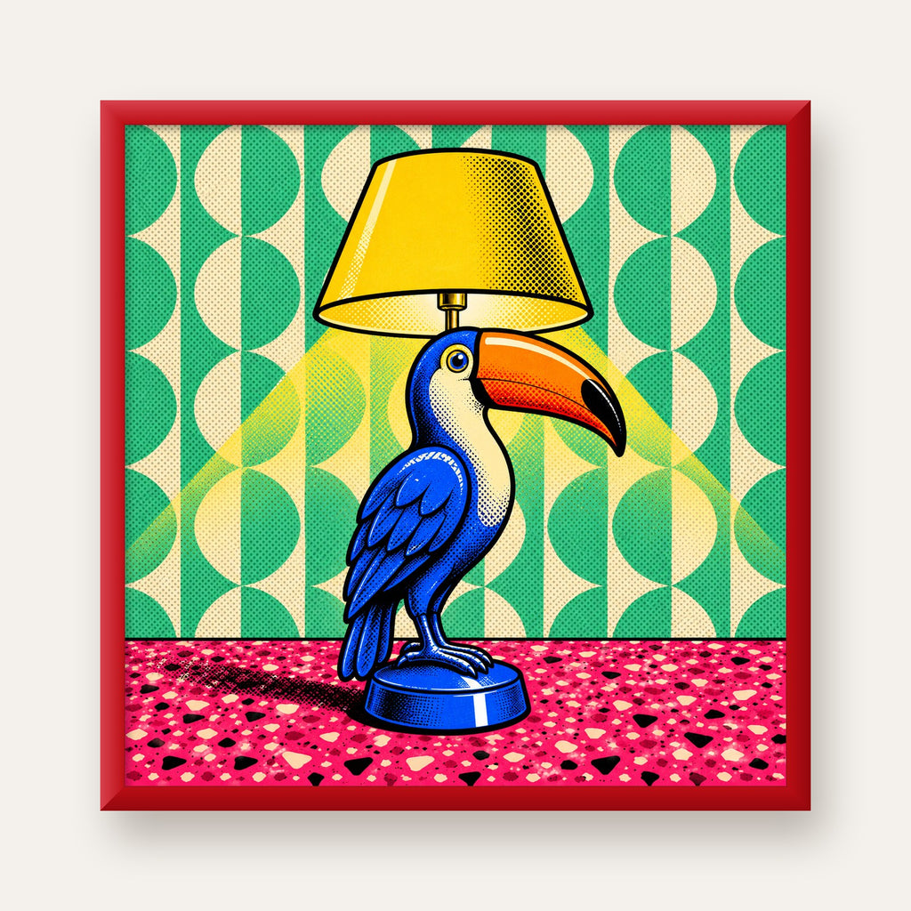 Tukan Şeklinde Pop-Art Masa Lambası Poster – Canlı Vektörel Tasarım — kırmızı çerçeveli