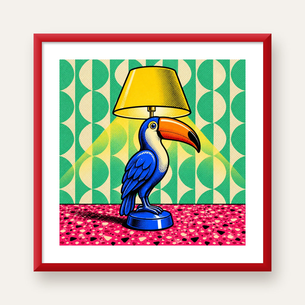 Tukan Şeklinde Pop-Art Masa Lambası Poster – Canlı Vektörel Tasarım — kırmızı çerçeveli paspartulu
