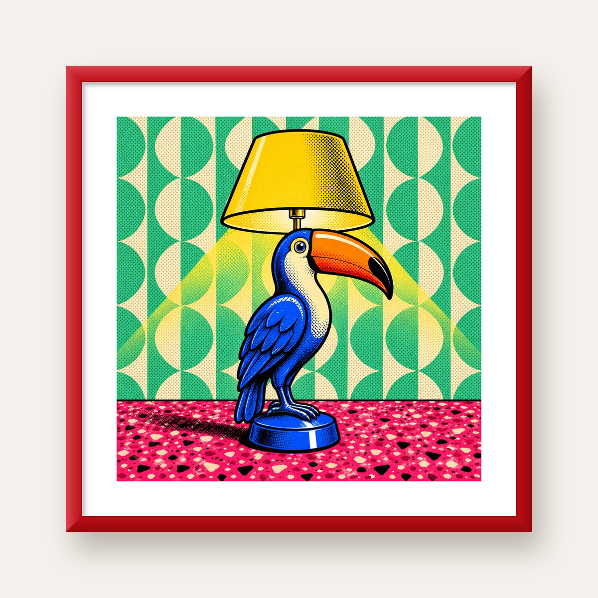 Tukan Şeklinde Pop-Art Masa Lambası Poster – Canlı Vektörel Tasarım — kırmızı çerçeveli paspartulu