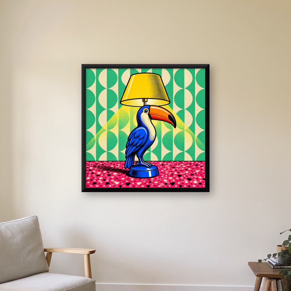 Tukan Şeklinde Pop-Art Masa Lambası Poster – Canlı Vektörel Tasarım — Kare baskı, çerçeveli hâliyle bir ev duvarında