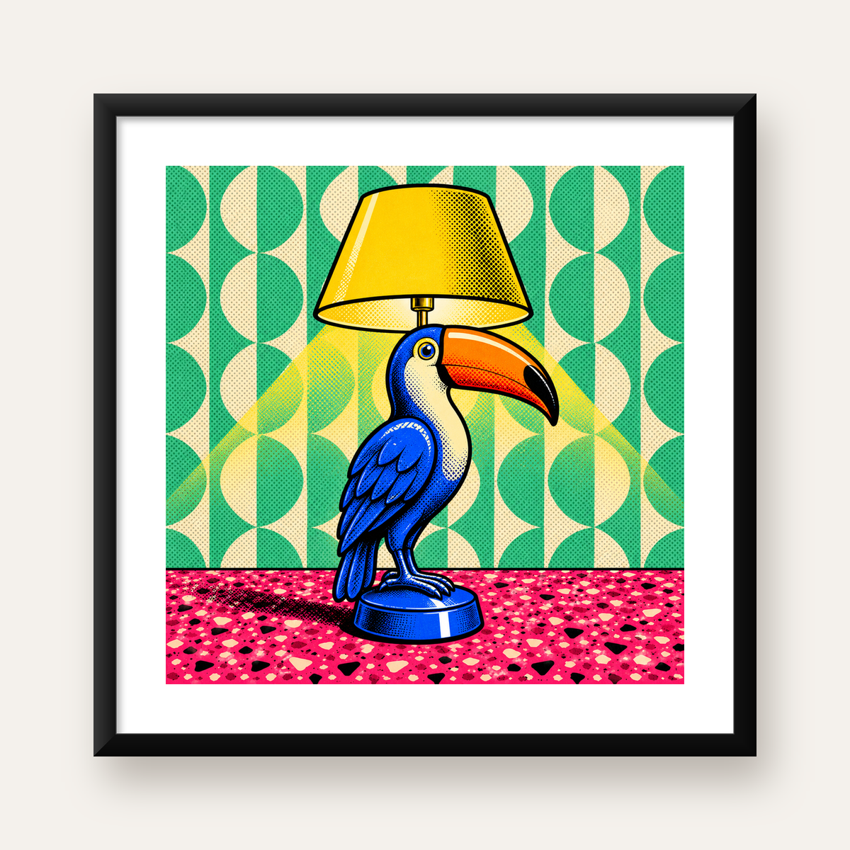 Tukan Şeklinde Pop-Art Masa Lambası Poster – Canlı Vektörel Tasarım — Kare baskı, beyaz paspartulu