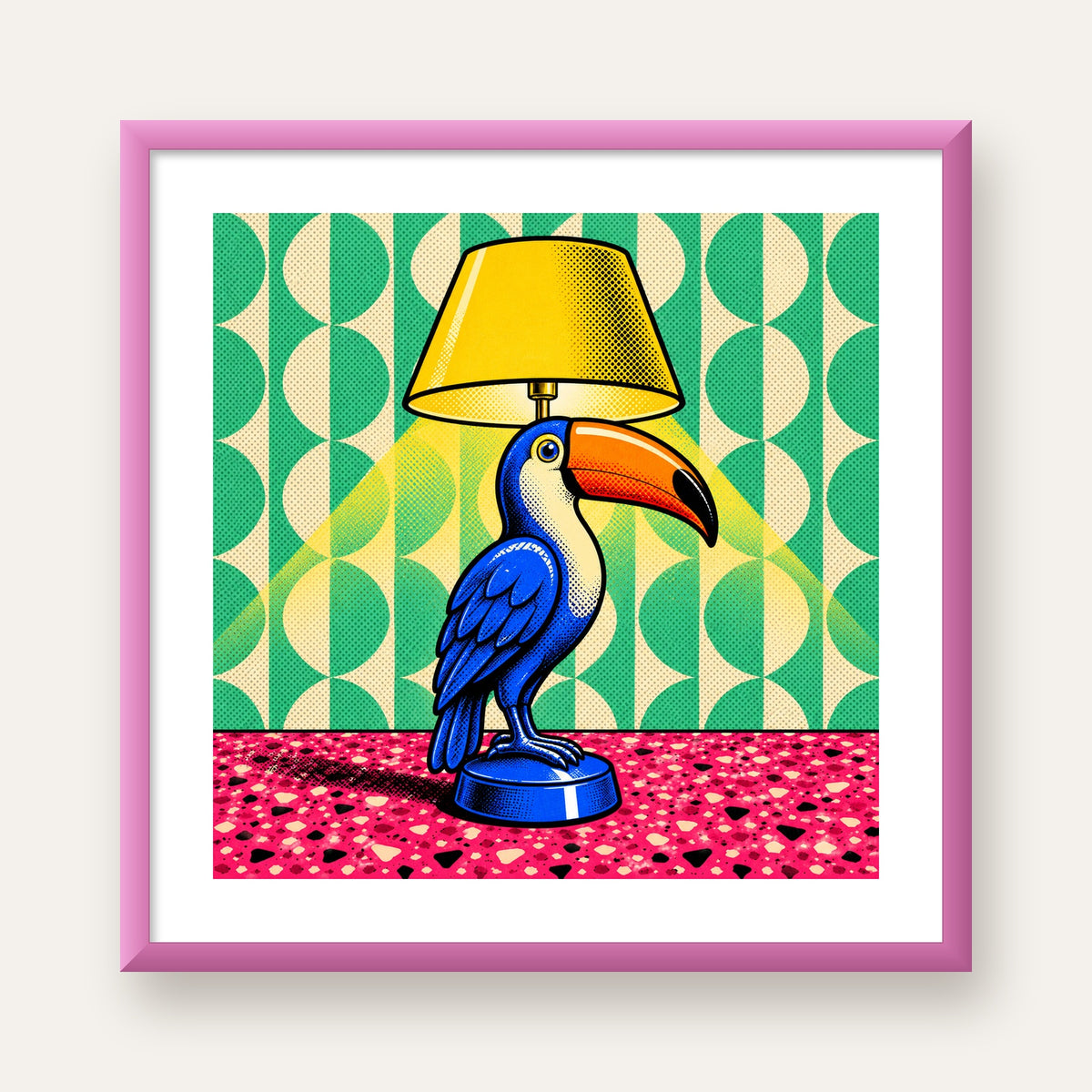 Tukan Şeklinde Pop-Art Masa Lambası Poster – Canlı Vektörel Tasarım — pembe çerçeveli paspartulu
