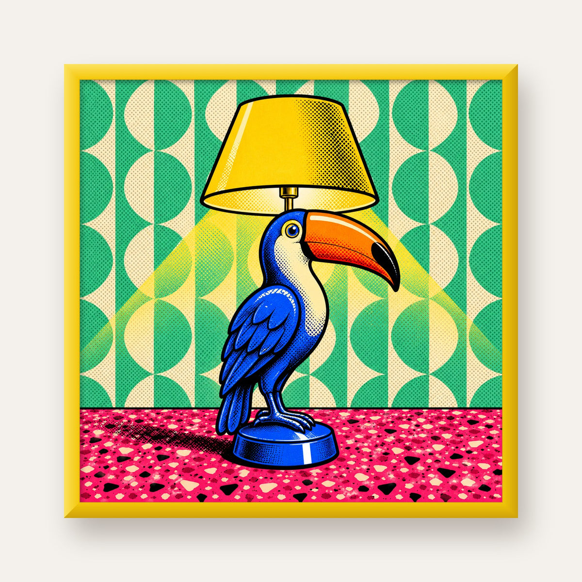 Tukan Şeklinde Pop-Art Masa Lambası Poster – Canlı Vektörel Tasarım — sarı çerçeveli