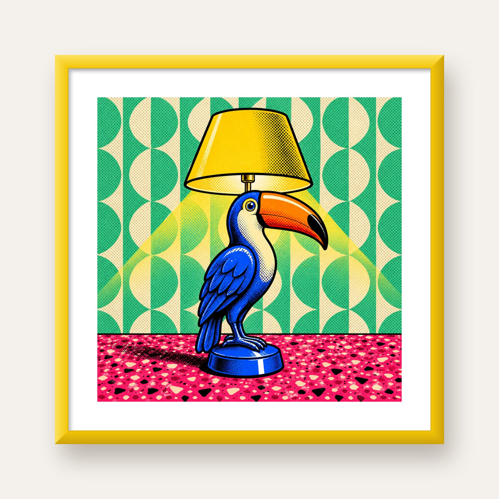 Tukan Şeklinde Pop-Art Masa Lambası Poster – Canlı Vektörel Tasarım — sarı çerçeveli paspartulu