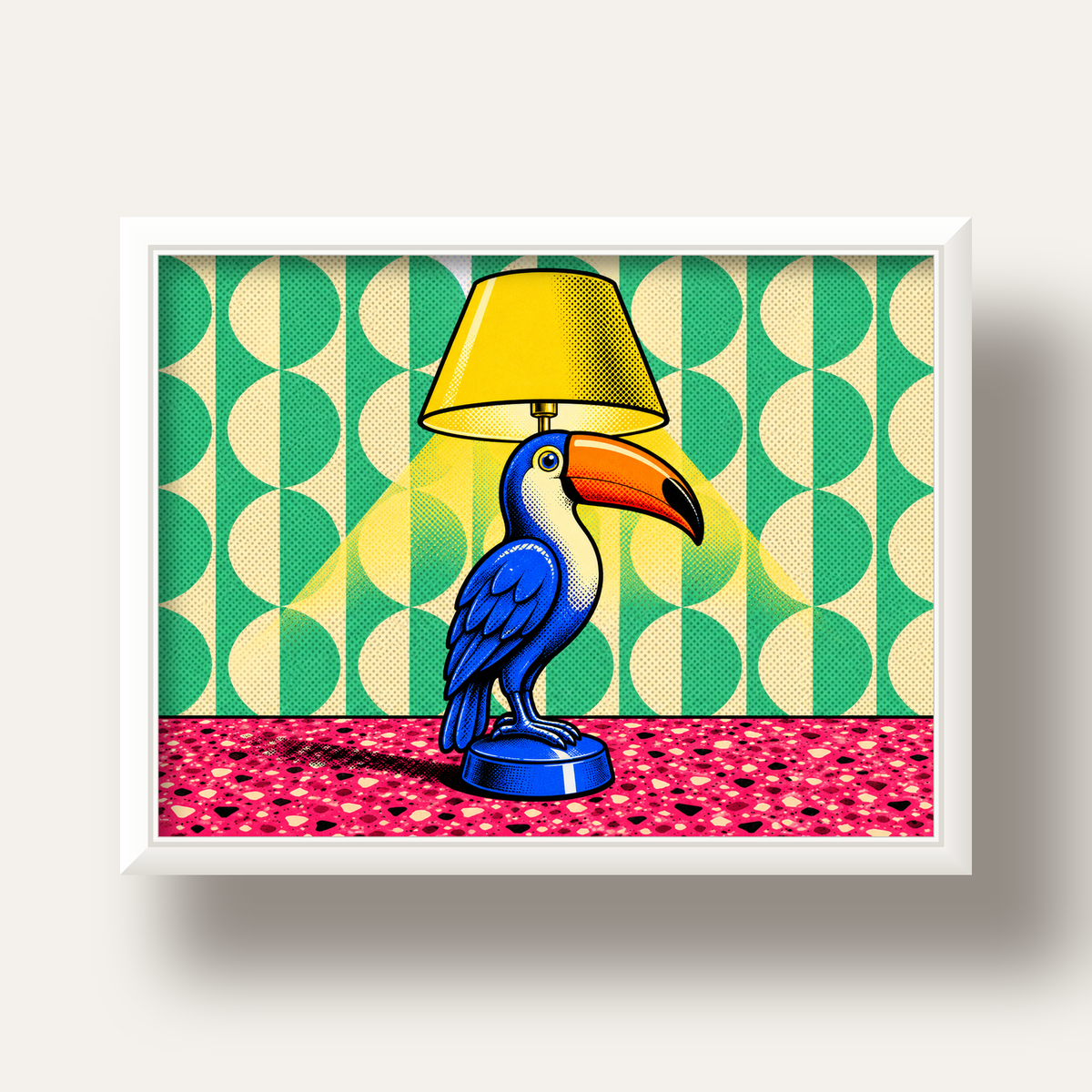 Tukan Şeklinde Pop-Art Masa Lambası Poster – Canlı Vektörel Tasarım — beyaz derin çerçeveli