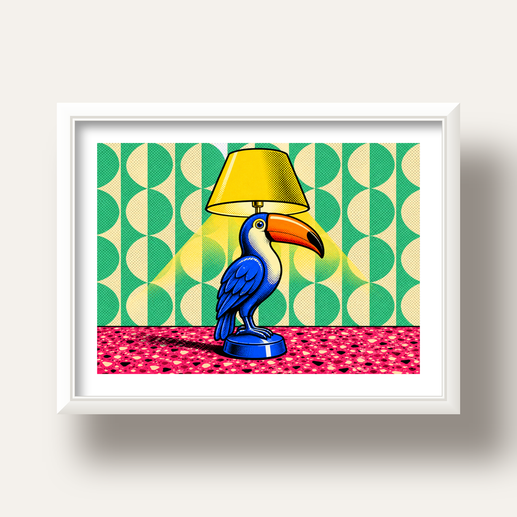 Tukan Şeklinde Pop-Art Masa Lambası Poster – Canlı Vektörel Tasarım — beyaz derin çerçeveli paspartulu