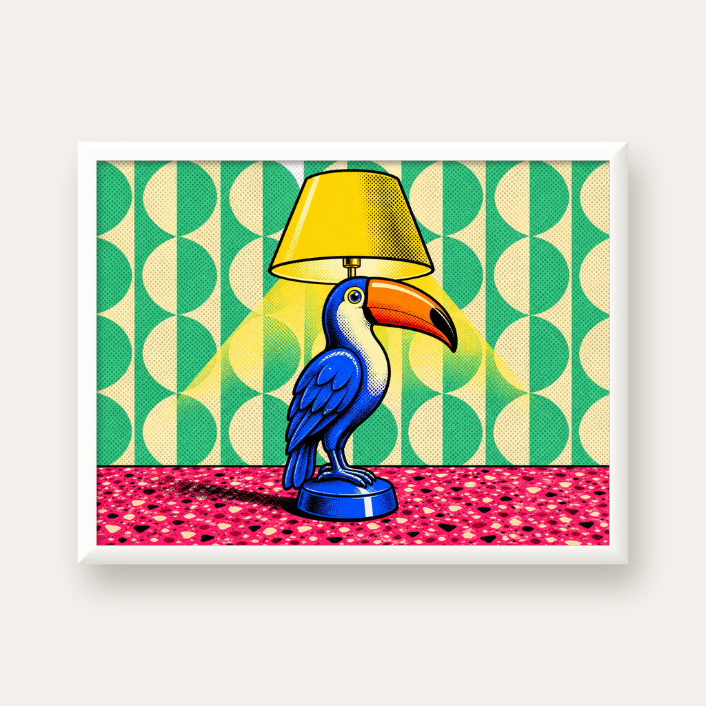 Tukan Şeklinde Pop-Art Masa Lambası Poster – Canlı Vektörel Tasarım — beyaz çerçeveli yatay poster