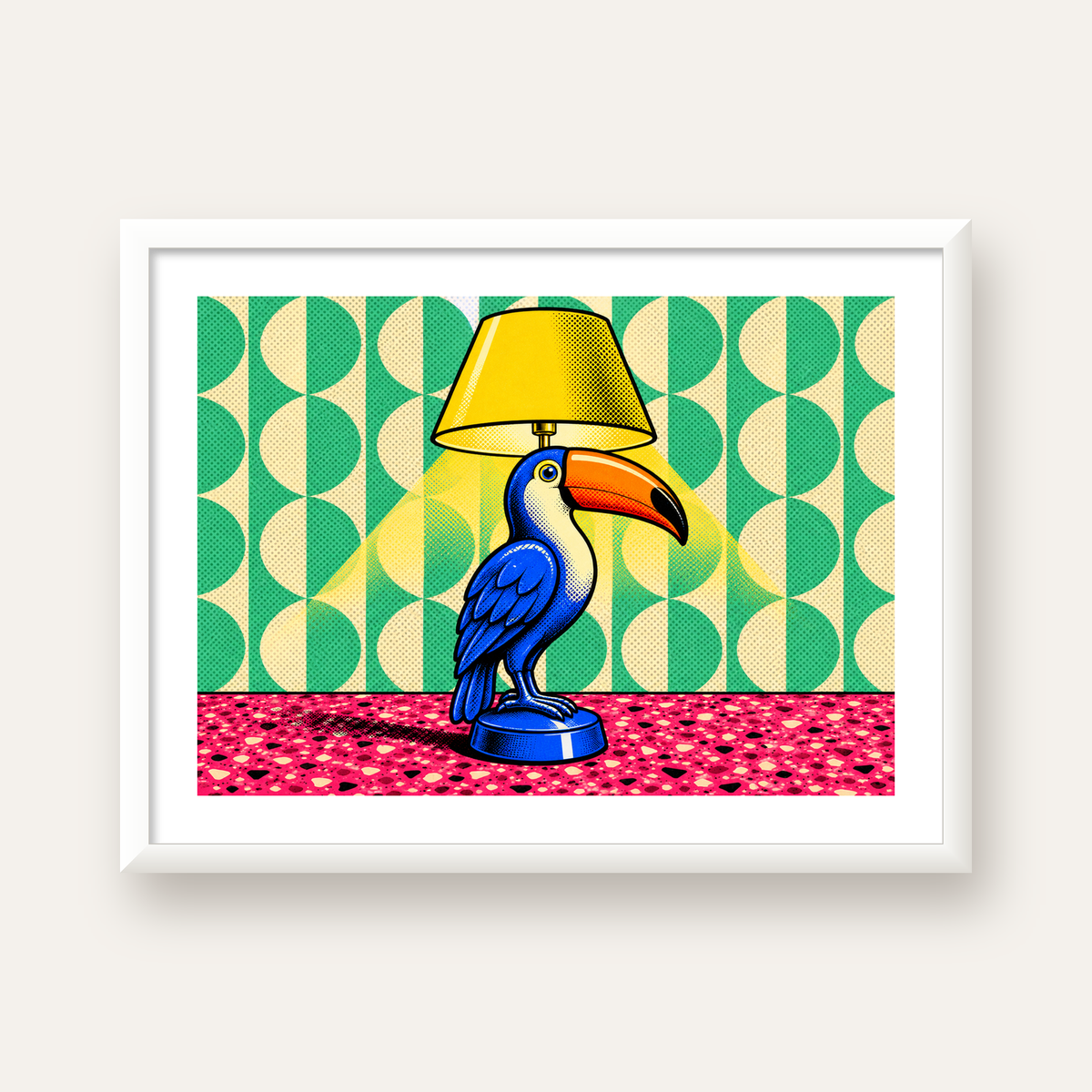 Tukan Şeklinde Pop-Art Masa Lambası Poster – Canlı Vektörel Tasarım — beyaz çerçeveli yatay poster