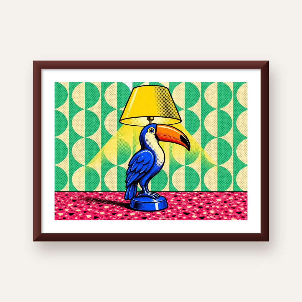 Tukan Şeklinde Pop-Art Masa Lambası Poster – Canlı Vektörel Tasarım — ceviz çerçeveli paspartulu