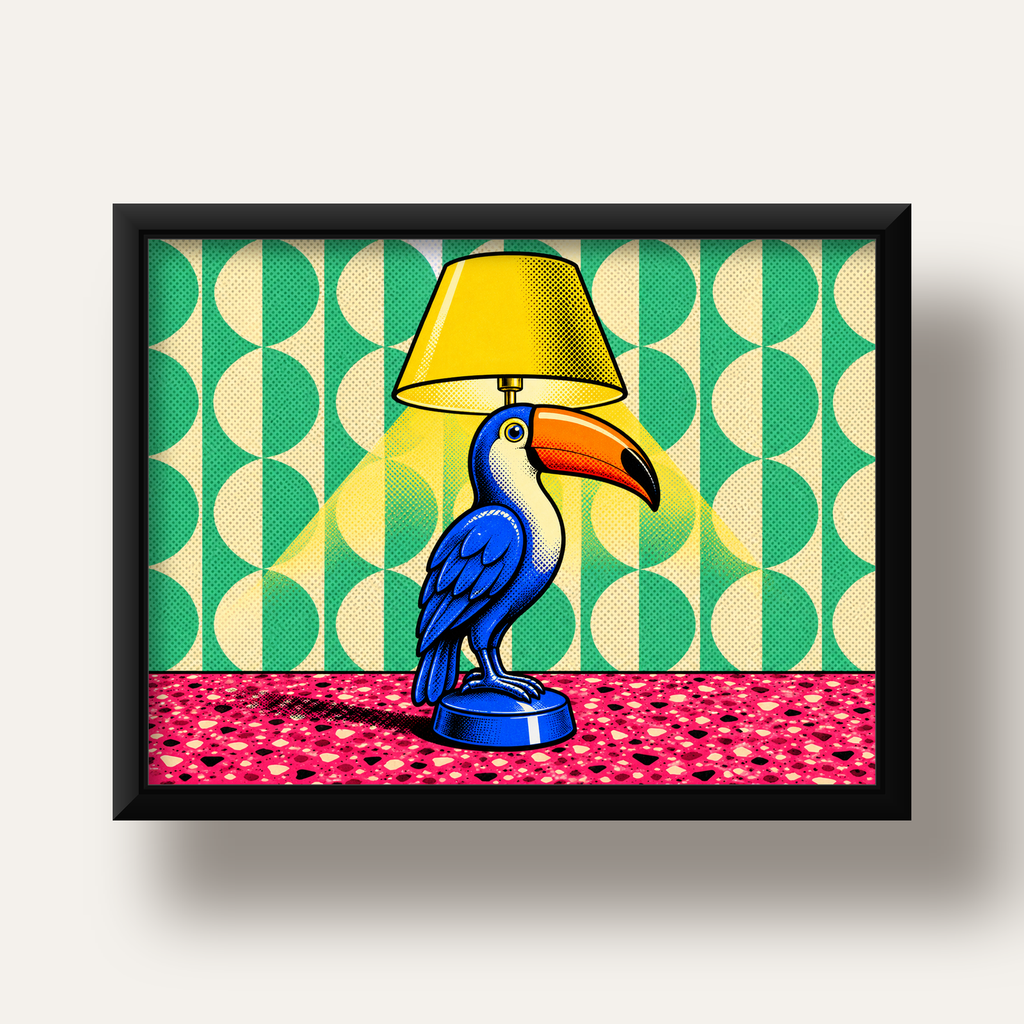 Tukan Şeklinde Pop-Art Masa Lambası Poster – Canlı Vektörel Tasarım — siyah derin çerçeveli