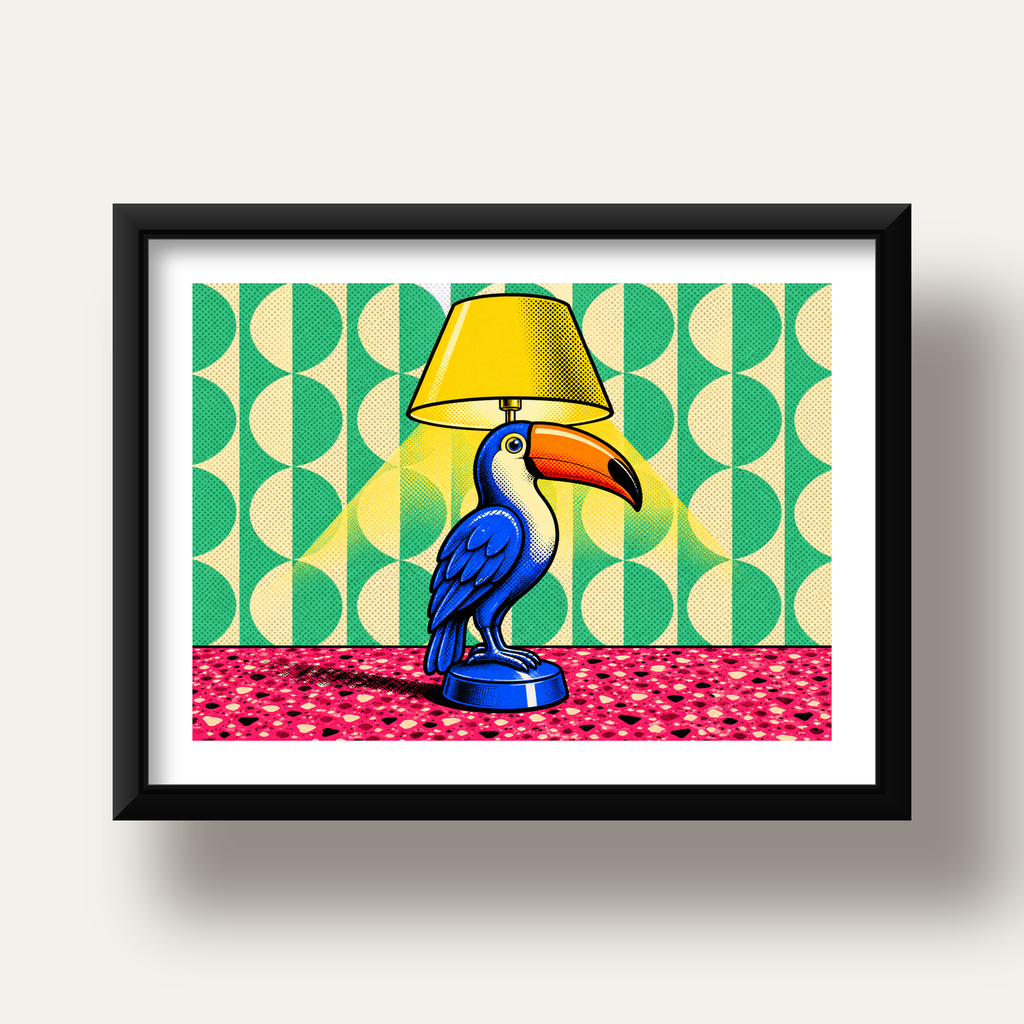 Tukan Şeklinde Pop-Art Masa Lambası Poster – Canlı Vektörel Tasarım — siyah derin çerçeveli paspartulu