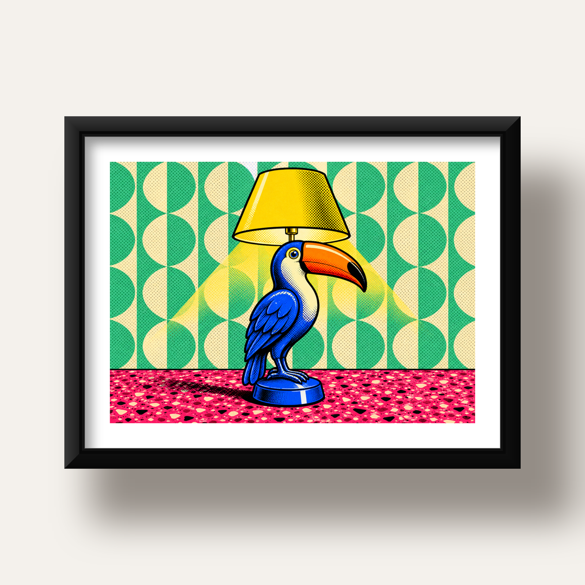 Tukan Şeklinde Pop-Art Masa Lambası Poster – Canlı Vektörel Tasarım — siyah derin çerçeveli paspartulu