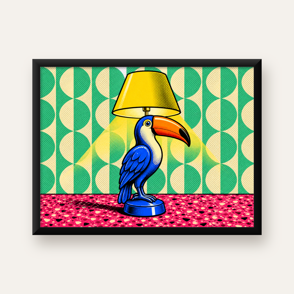 Tukan Şeklinde Pop-Art Masa Lambası Poster – Canlı Vektörel Tasarım — Yatay baskı, düz siyah çerçeveli duvar posteri