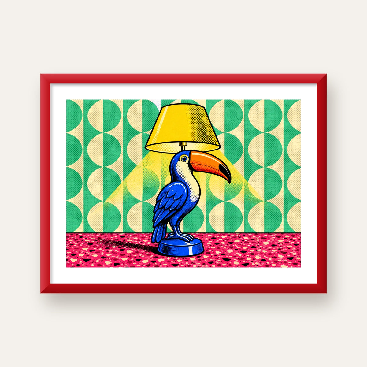 Tukan Şeklinde Pop-Art Masa Lambası Poster – Canlı Vektörel Tasarım — kırmızı çerçeveli paspartulu