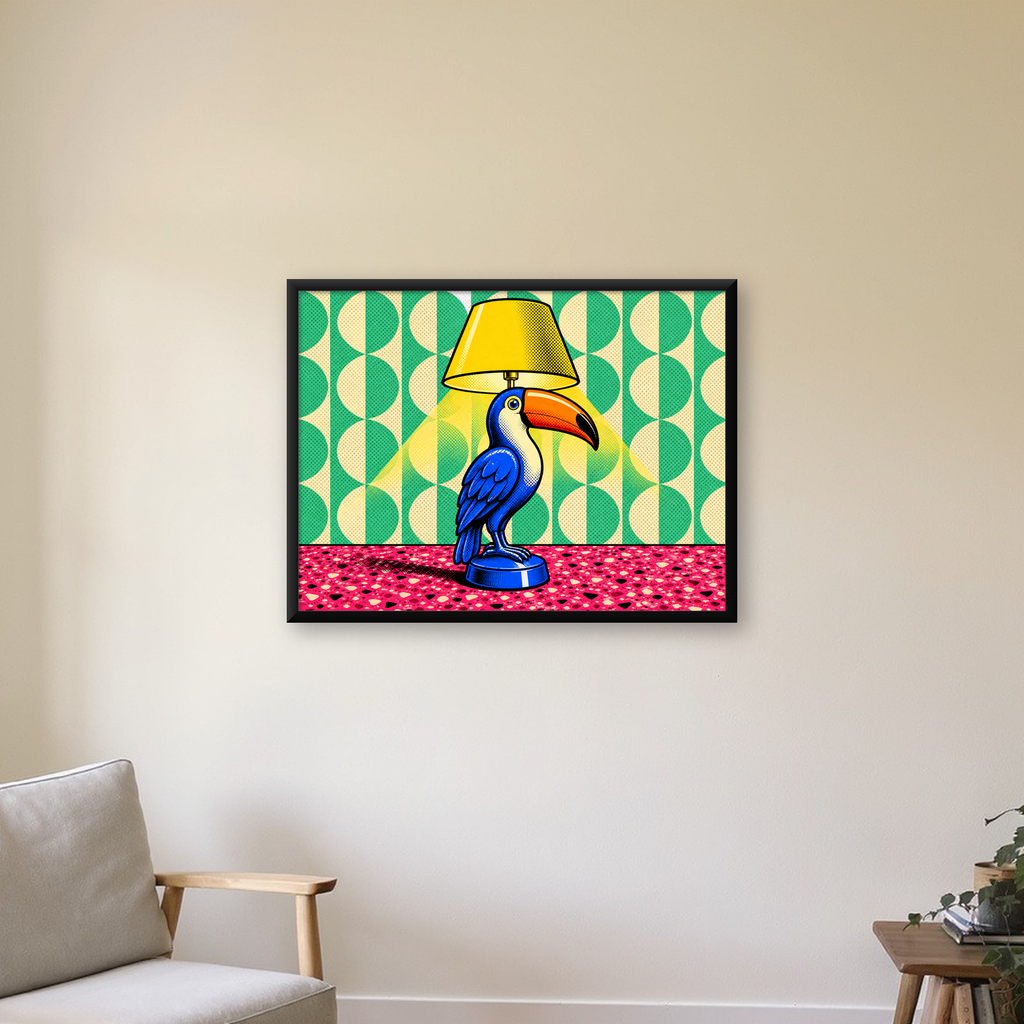 Tukan Şeklinde Pop-Art Masa Lambası Poster – Canlı Vektörel Tasarım — Yatay baskı, çerçeveli hâliyle bir ev duvarında