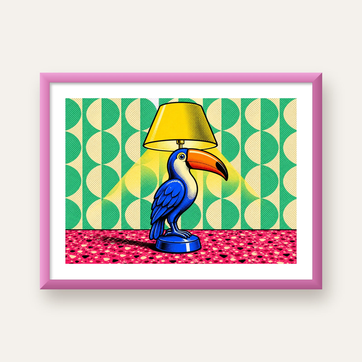 Tukan Şeklinde Pop-Art Masa Lambası Poster – Canlı Vektörel Tasarım — pembe çerçeveli paspartulu
