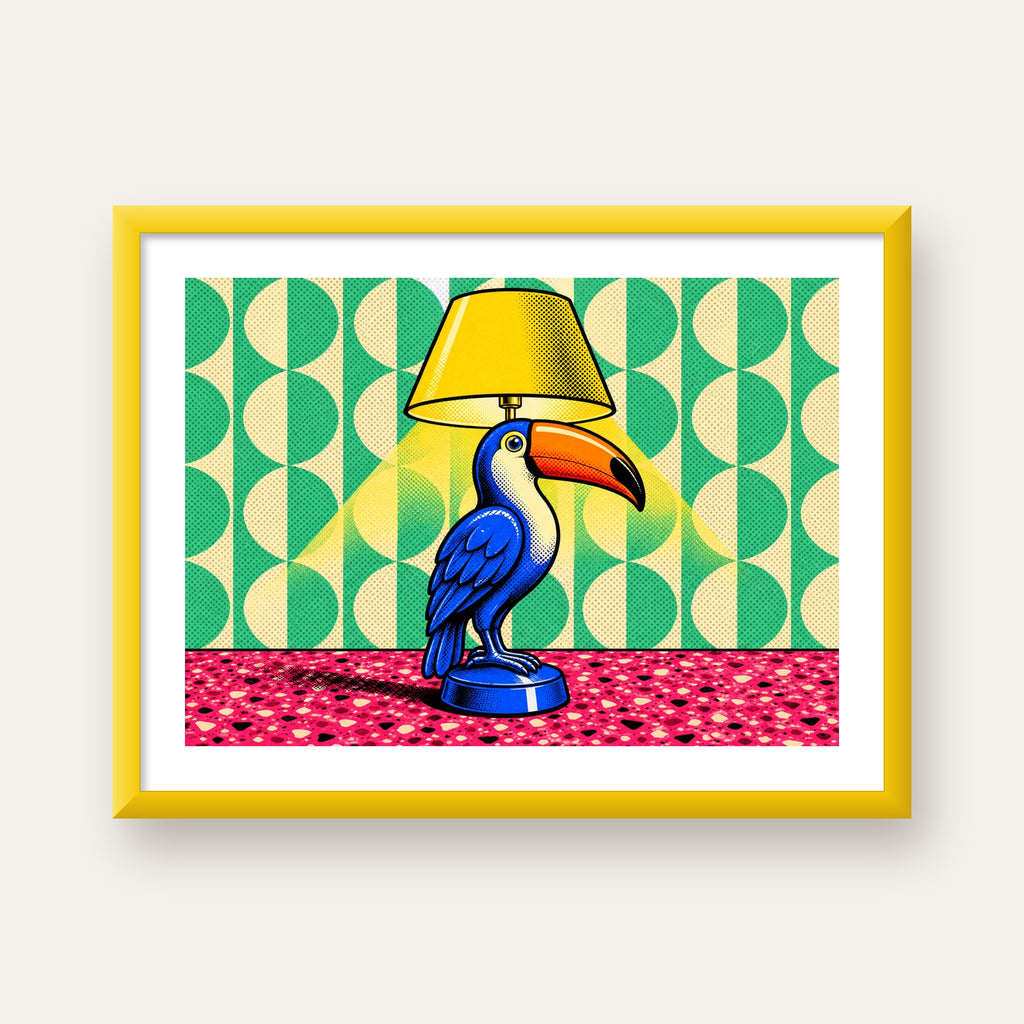 Tukan Şeklinde Pop-Art Masa Lambası Poster – Canlı Vektörel Tasarım — sarı çerçeveli paspartulu