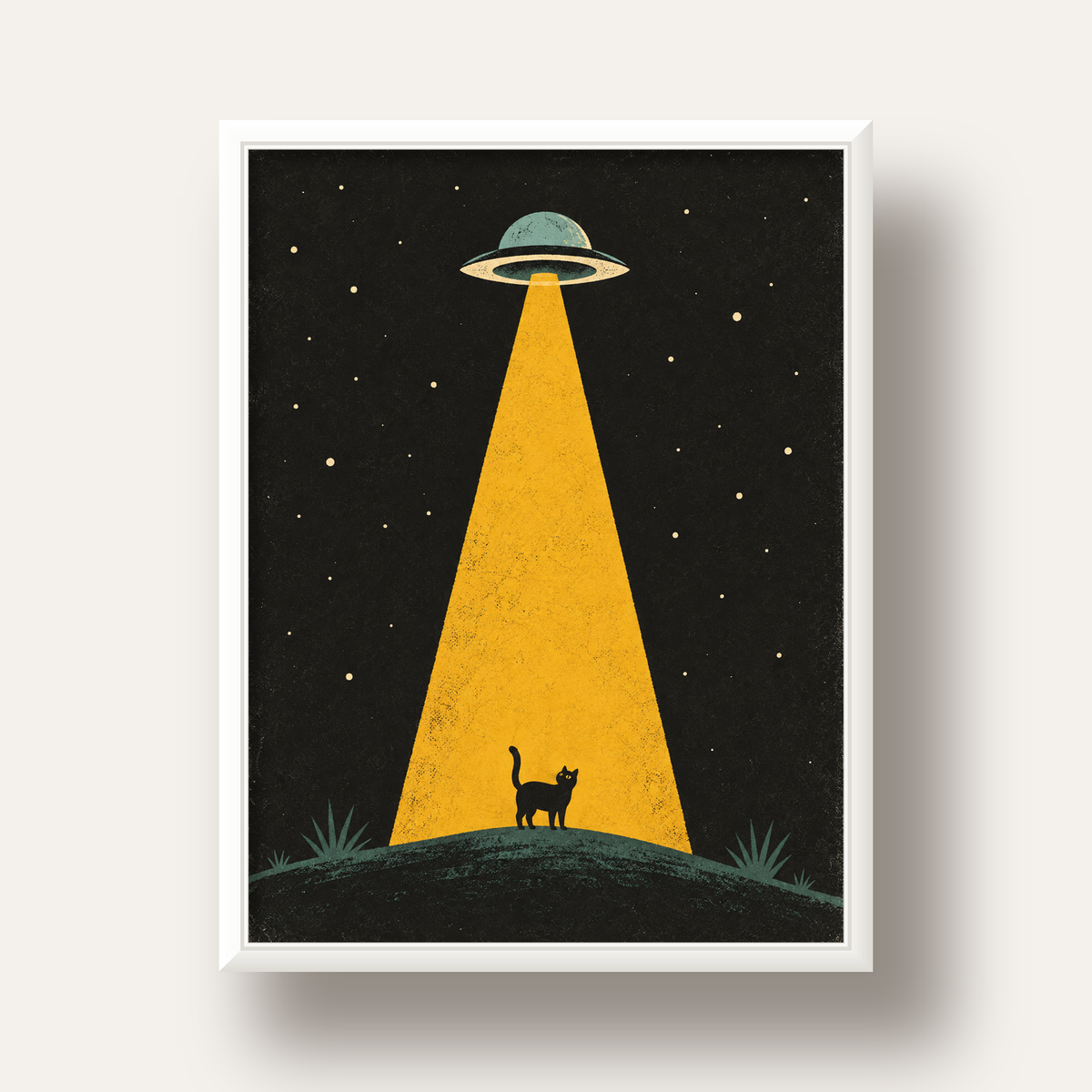 Uzaylı ve Kedi Silüetli Dijital Poster – Gece Gökyüzü Tasarımı — beyaz derin çerçeveli