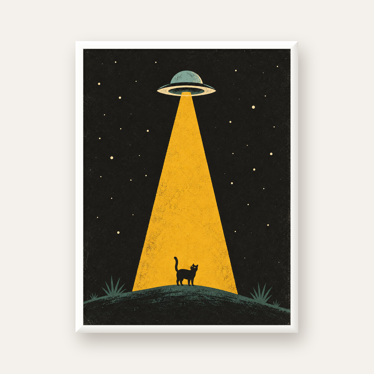 Uzaylı ve Kedi Silüetli Dijital Poster – Gece Gökyüzü Tasarımı — beyaz çerçeveli dikey poster