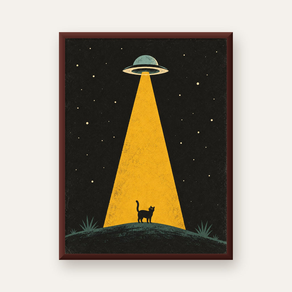Uzaylı ve Kedi Silüetli Dijital Poster – Gece Gökyüzü Tasarımı — ceviz çerçeveli