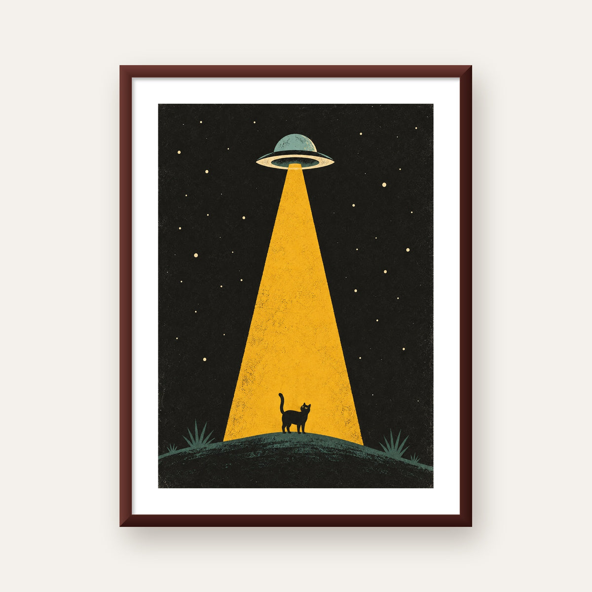 Uzaylı ve Kedi Silüetli Dijital Poster – Gece Gökyüzü Tasarımı — ceviz çerçeveli paspartulu