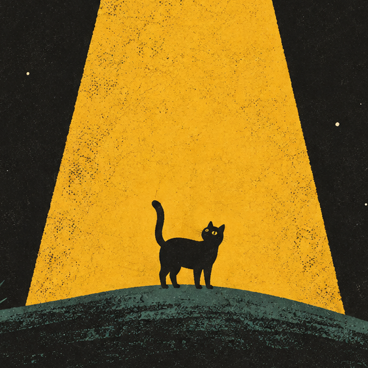 Uzaylı ve Kedi Silüetli Dijital Poster – Gece Gökyüzü Tasarımı — baskının yakın çekimi, kâğıt dokusu ve renk detayı