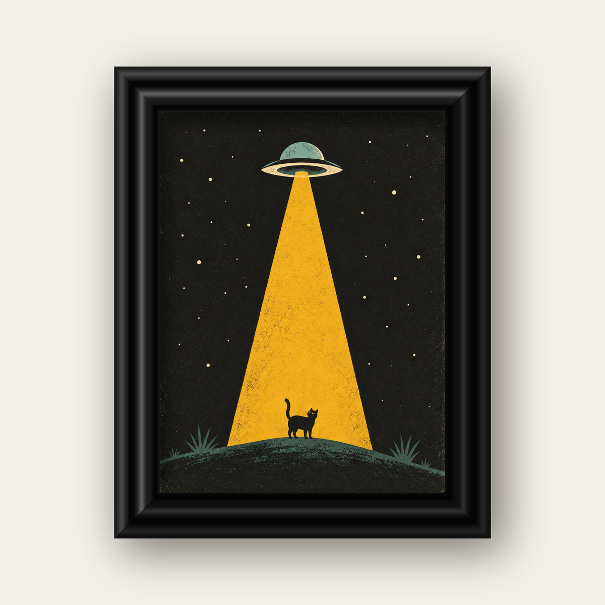 Uzaylı ve Kedi Silüetli Dijital Poster – Gece Gökyüzü Tasarımı — siyah galeri çerçeveli