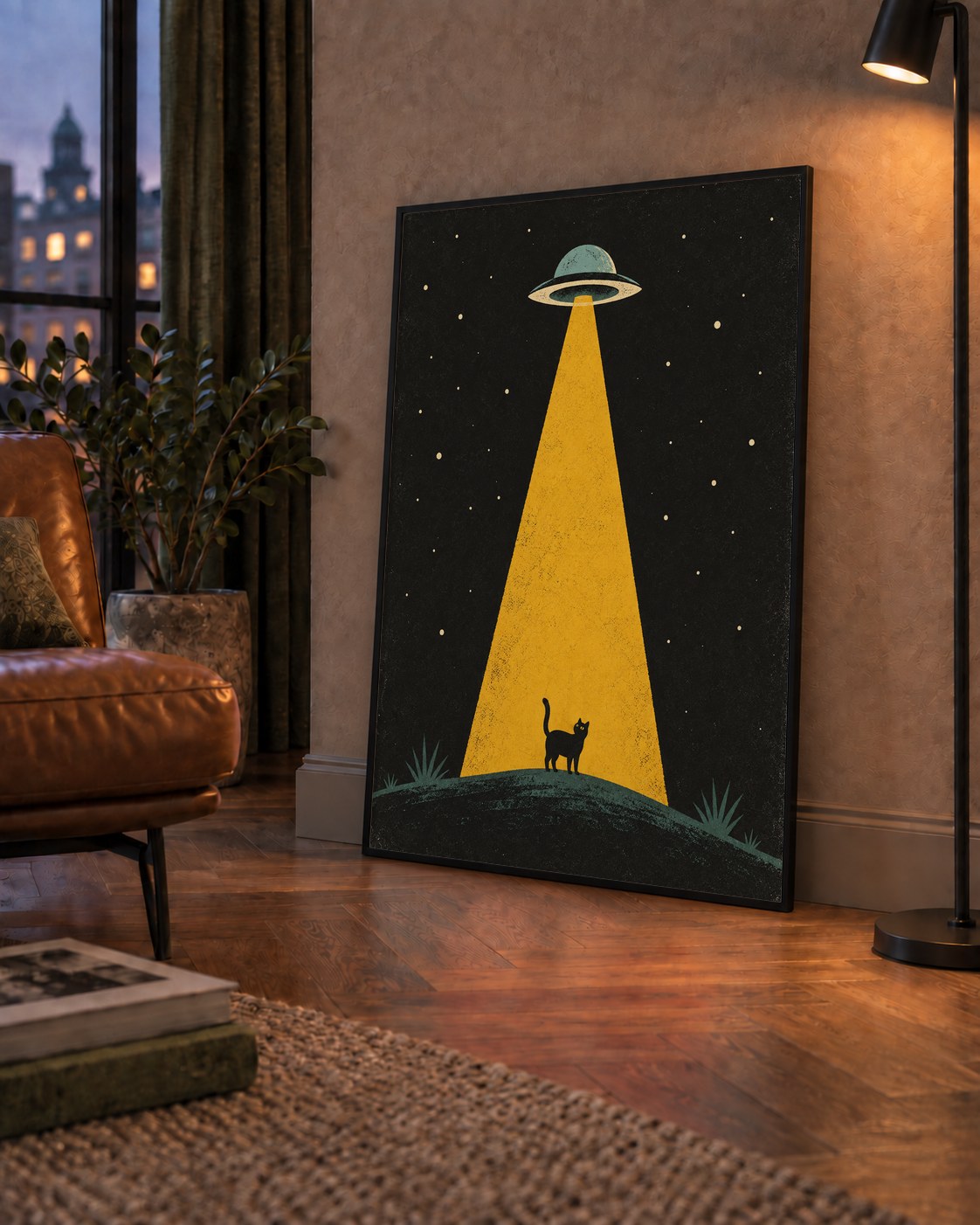 Uzaylı ve Kedi Silüetli Dijital Poster – Gece Gökyüzü Tasarımı — çerçeveli hâliyle bir ev duvarında