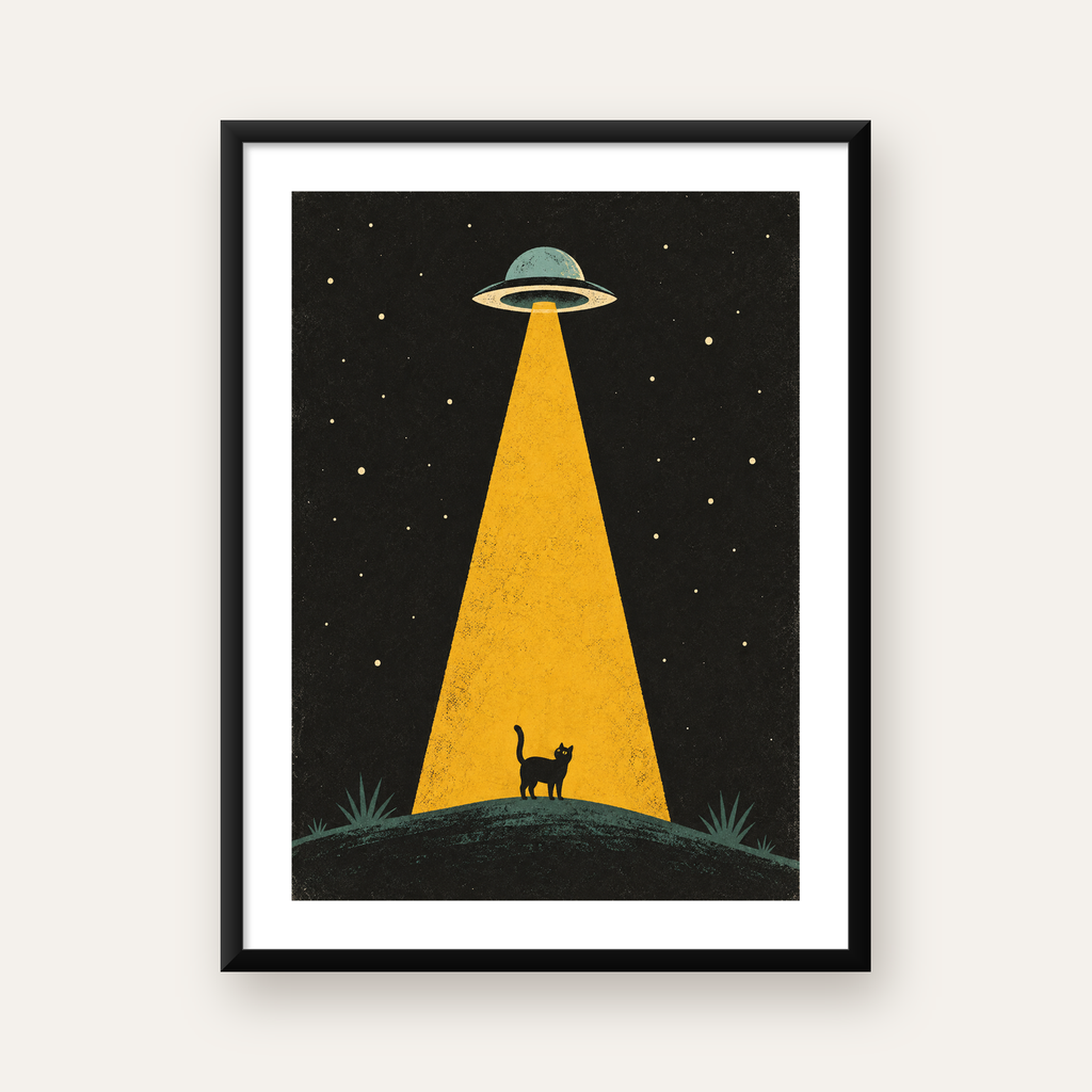 Uzaylı ve Kedi Silüetli Dijital Poster – Gece Gökyüzü Tasarımı — Dikey baskı, beyaz paspartulu