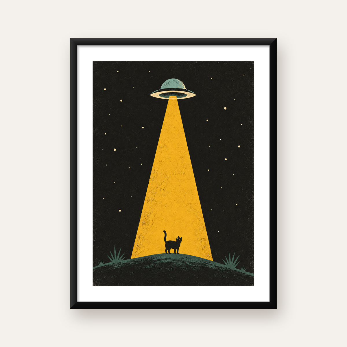 Uzaylı ve Kedi Silüetli Dijital Poster – Gece Gökyüzü Tasarımı — Dikey baskı, beyaz paspartulu