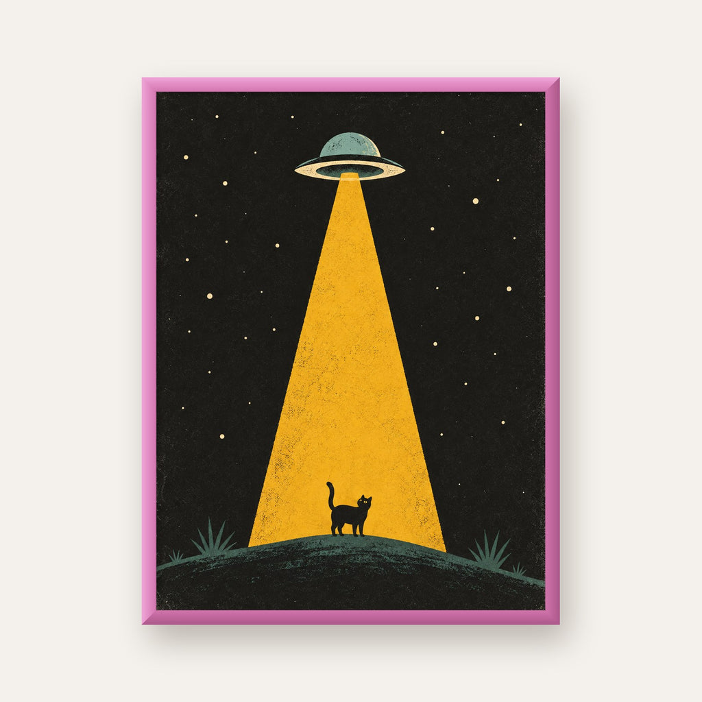 Uzaylı ve Kedi Silüetli Dijital Poster – Gece Gökyüzü Tasarımı — pembe çerçeveli