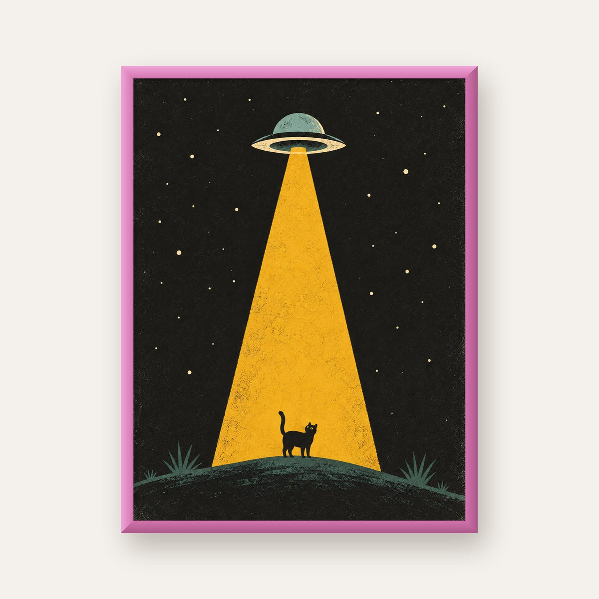 Uzaylı ve Kedi Silüetli Dijital Poster – Gece Gökyüzü Tasarımı — pembe çerçeveli