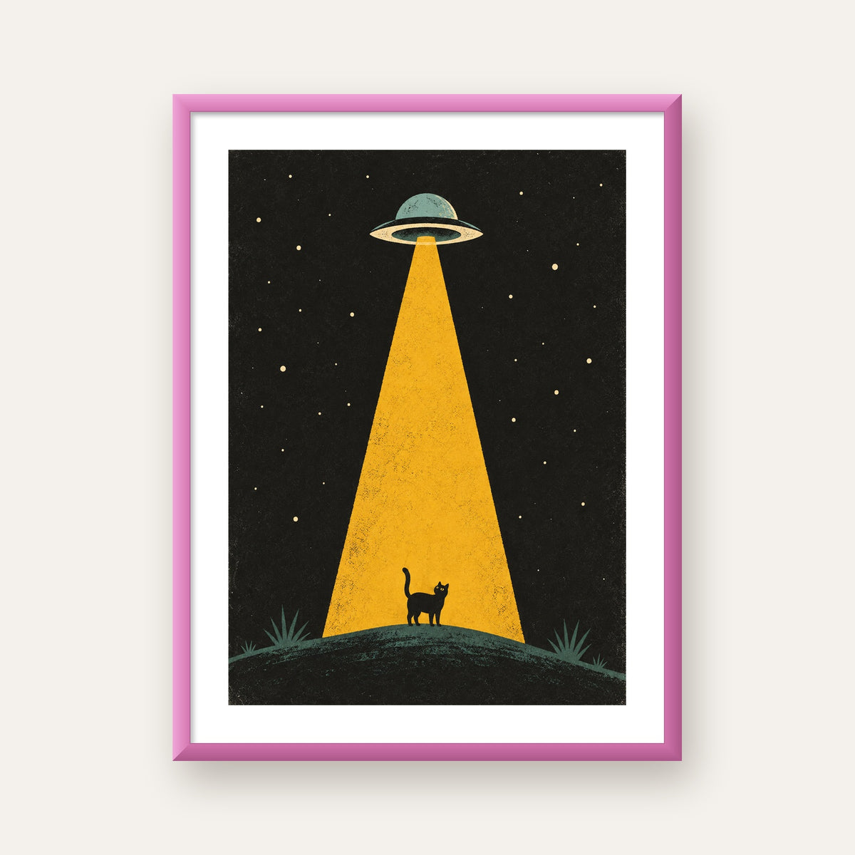 Uzaylı ve Kedi Silüetli Dijital Poster – Gece Gökyüzü Tasarımı — pembe çerçeveli paspartulu